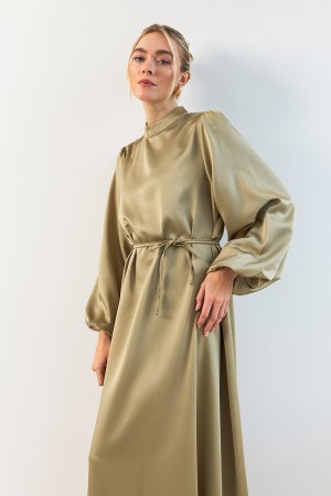 Balloon Sleeve Satin Evening Dress - Almond Green