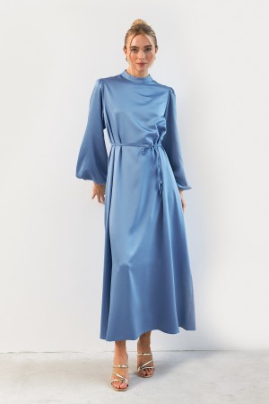 Balloon Sleeve Satin Evening Dress - Baby Blue