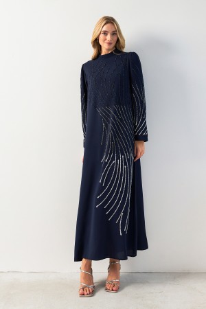 Nara Stone Embroidered Evening Dress - Navy Blue