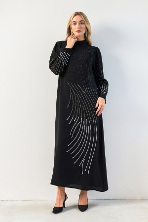 Nara Stone Embroidered Evening Dress - Black