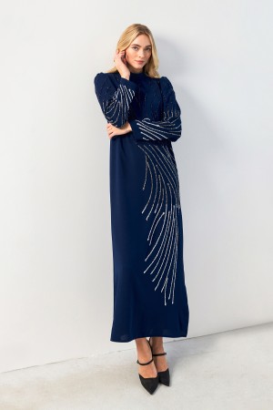 Nara Stone Embroidered Evening Dress - Indigo