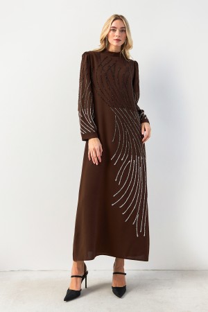 Nara Stone Embroidered Evening Dress - Brown