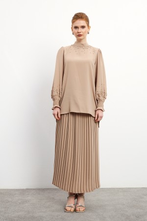 Valeria Skirt Blouse Set - Beige