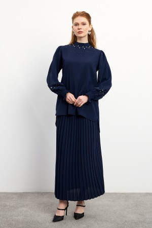 Valeria Skirt Blouse Set - Navy Blue