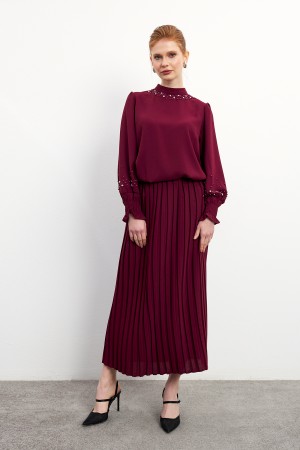 Valeria Skirt Blouse Set - Claret Red