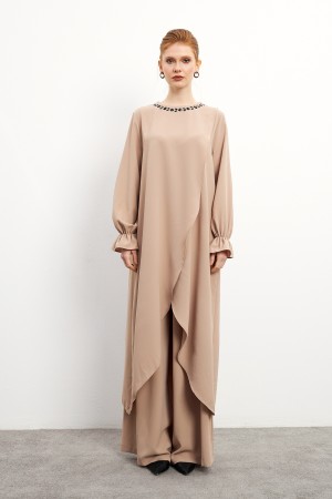 Asymmetrical Cut Tunic Trouser Set - Beige