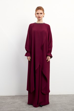 Asymmetrical Cut Tunic Trouser Set - Claret Red