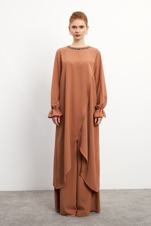 Asymmetrical Cut Tunic Trouser Set - Camel