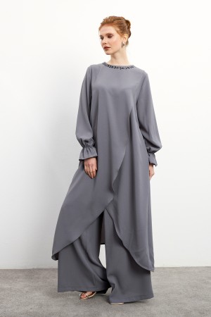 Asymmetrical Cut Tunic Trouser Set - Gray