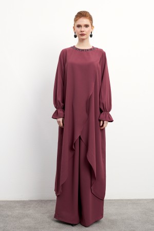 Asymmetrical Cut Tunic Trouser Set - Dusty Rose