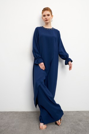 Asymmetrical Cut Tunic Trouser Set - Indigo