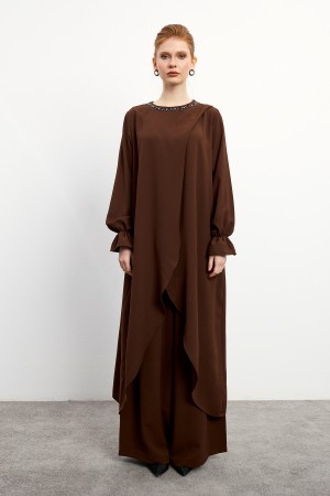 Asymmetrical Cut Tunic Trouser Set - Brown