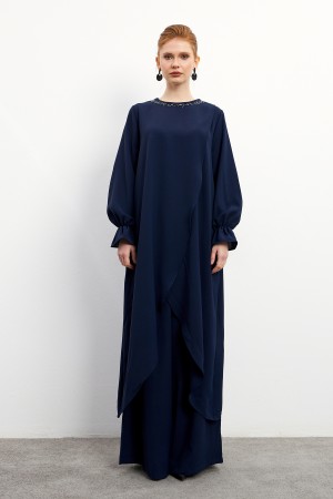 Asymmetrical Cut Tunic Trouser Set - Navy Blue