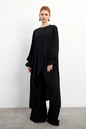 Asymmetrical Cut Tunic Trouser Set - Black