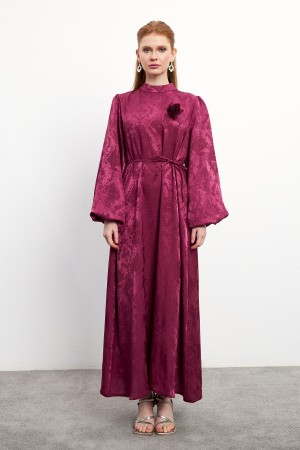 Rose Detailed Jacquard Dress - Claret Red