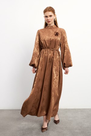 Rose Detailed Jacquard Dress - Camel