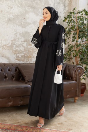 Liva Kolları Taşlı Abaya - Siyah